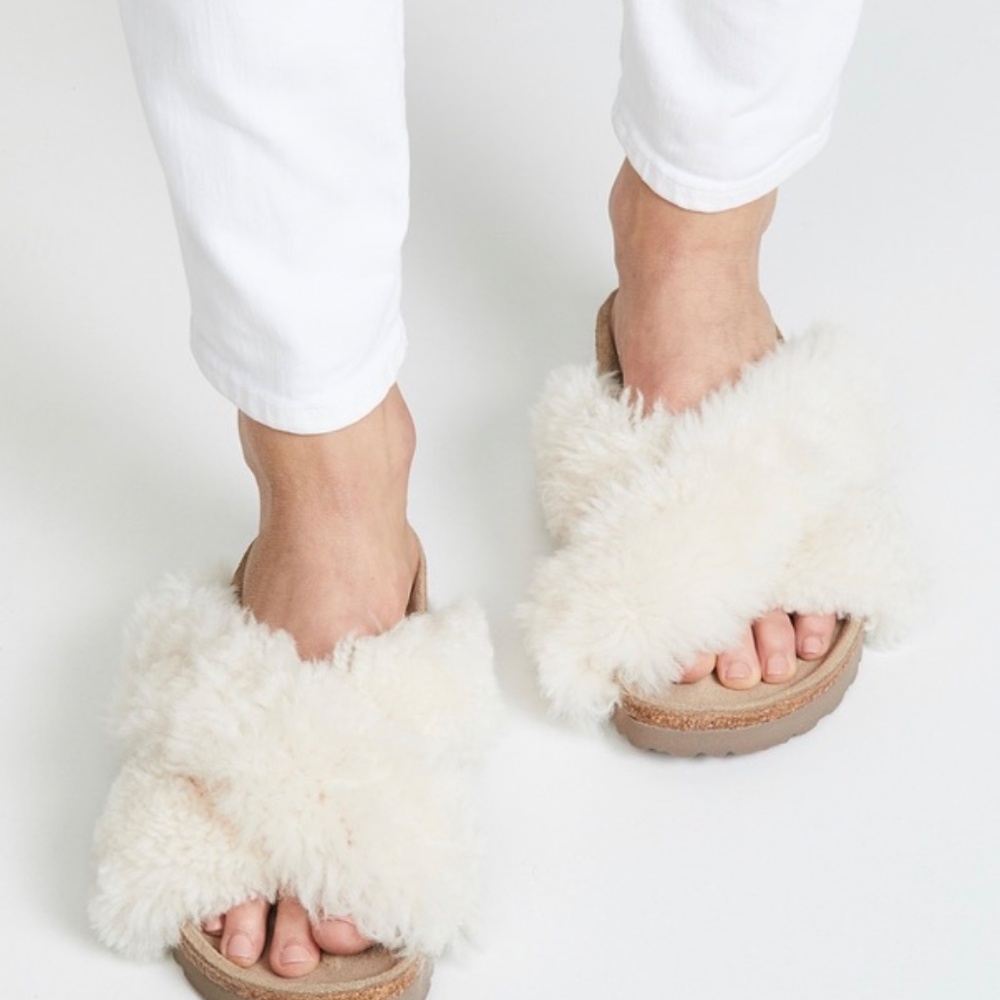 Papillio Cream Shearling Crossover Slide Sandals - Picture 13 of 16